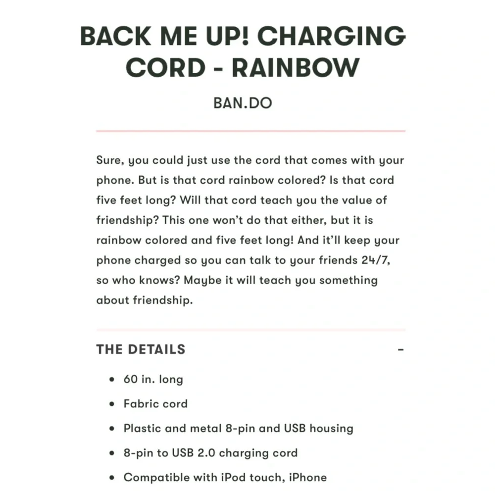 Ban.do Back me up! Charging Cord- Rainbow